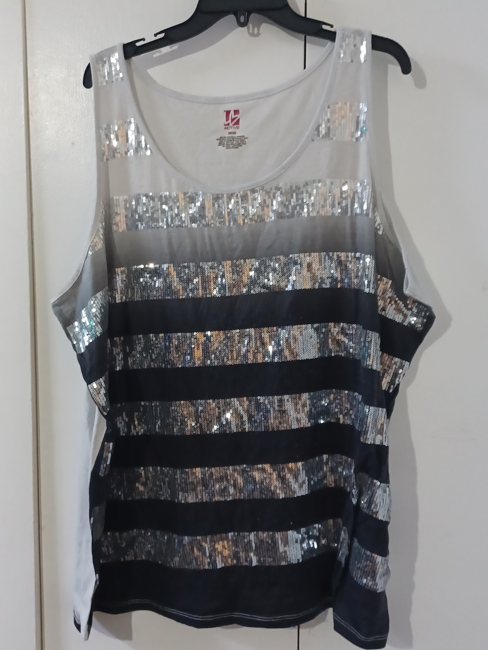 Active USA Silver Sequin & Black Striped Scoop Tank